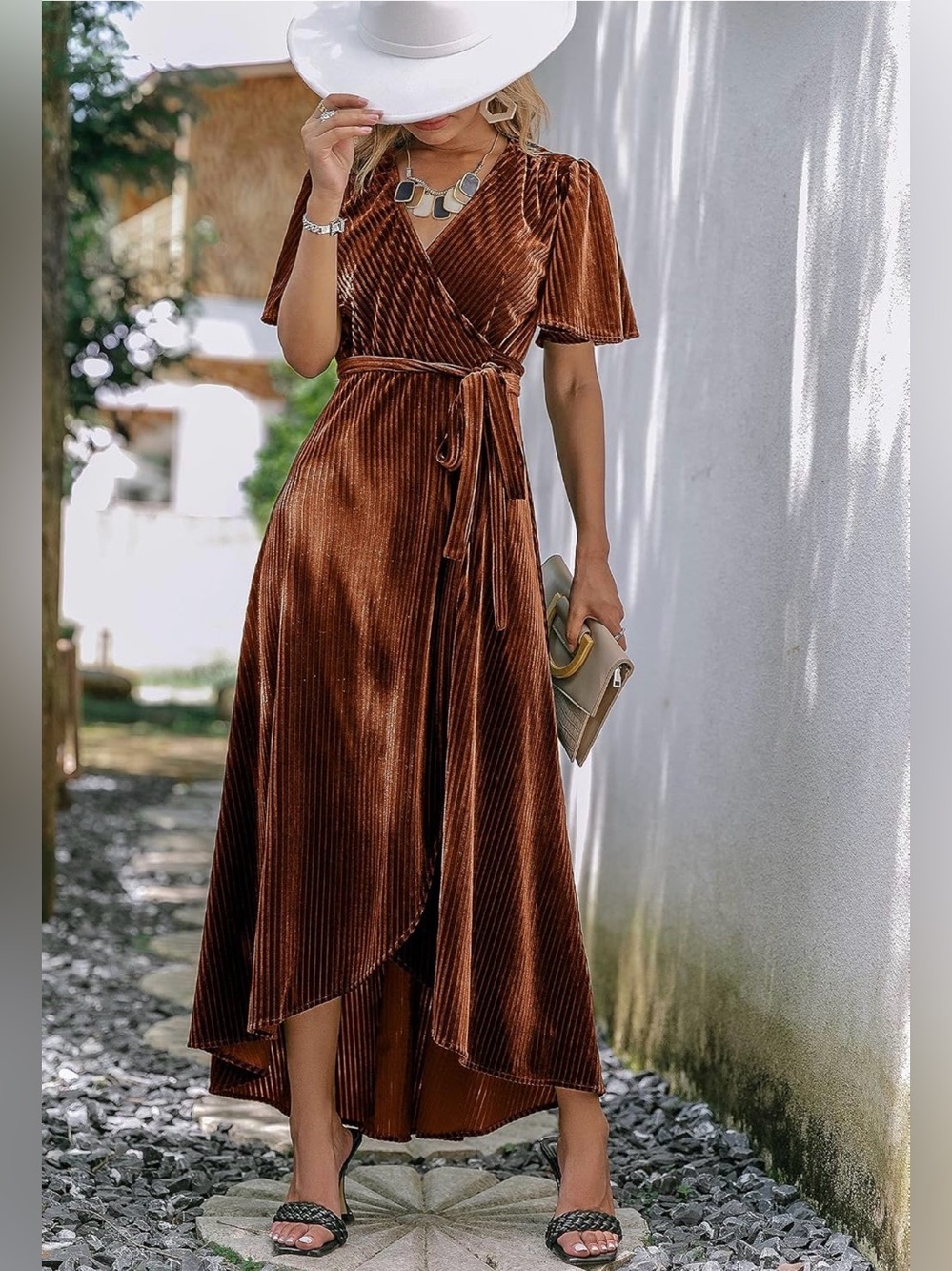 Women's Burnt Orange Velvet V Neck Wrap Dress